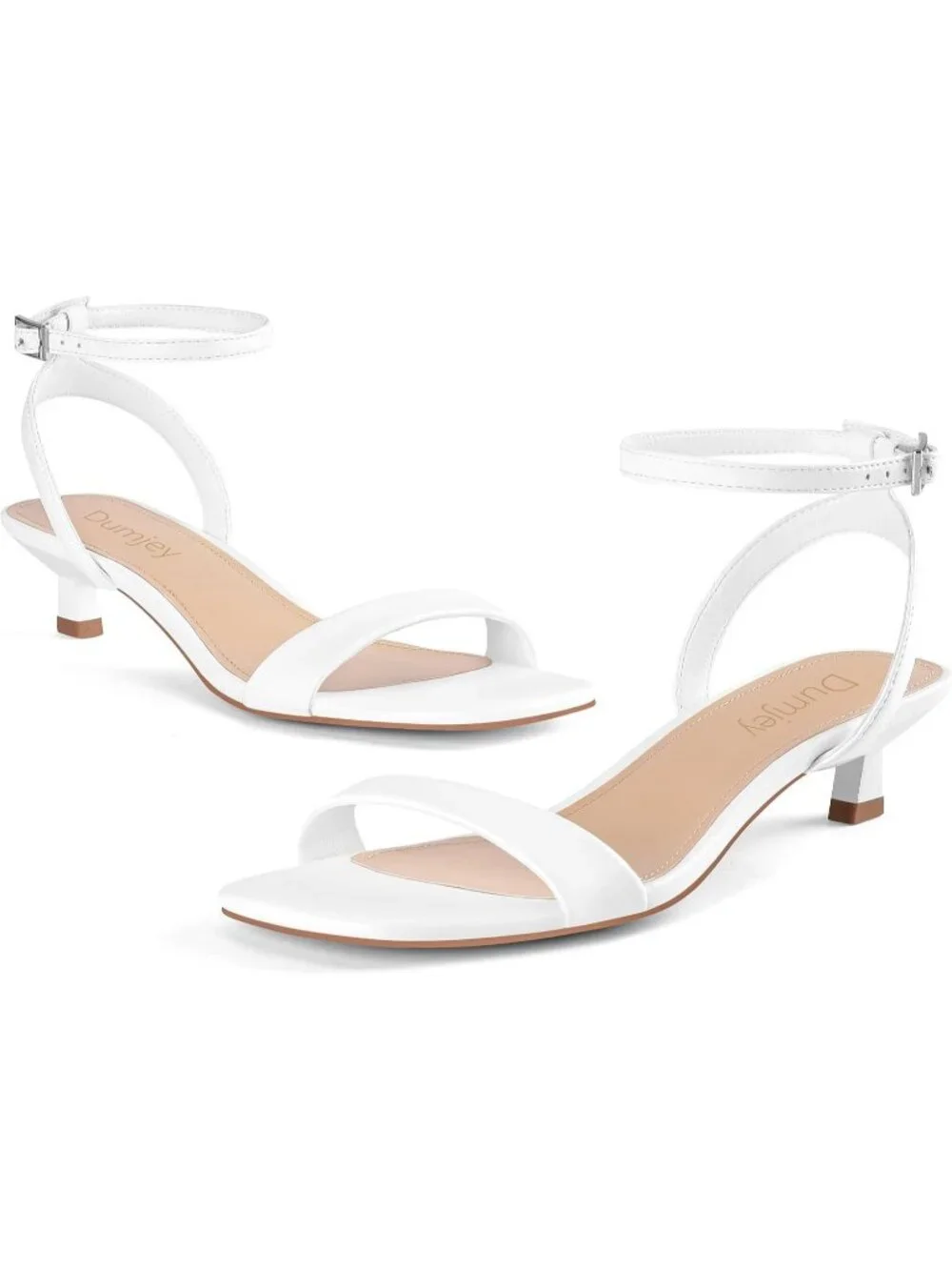 Women's White Faux Leather Square Open Toe Ankle Strap Kitten Heeled Sandals